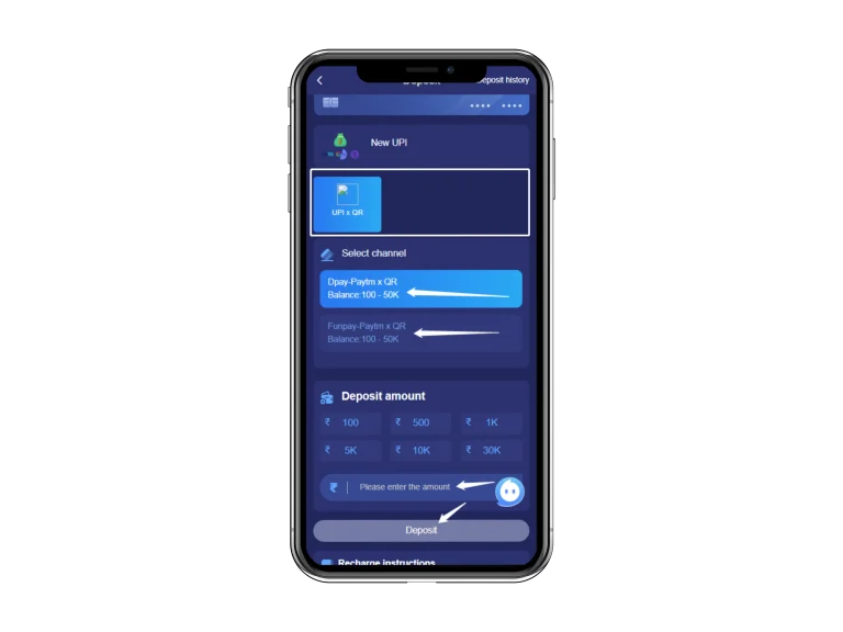 Adding a deposit to the Tiranga Game wallet by UPI to activate the welcome bonus